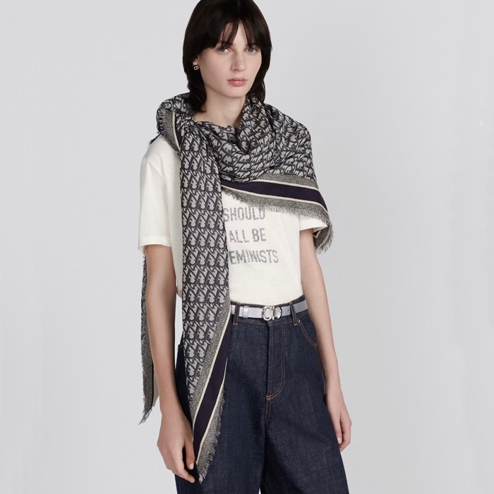 디올 D 오블리크 숄 울 실크 코튼 네이비 블루 12DOB140I142-C540 - Dior D-Oblique Shawl Wool Silk Cotton Navy Blue